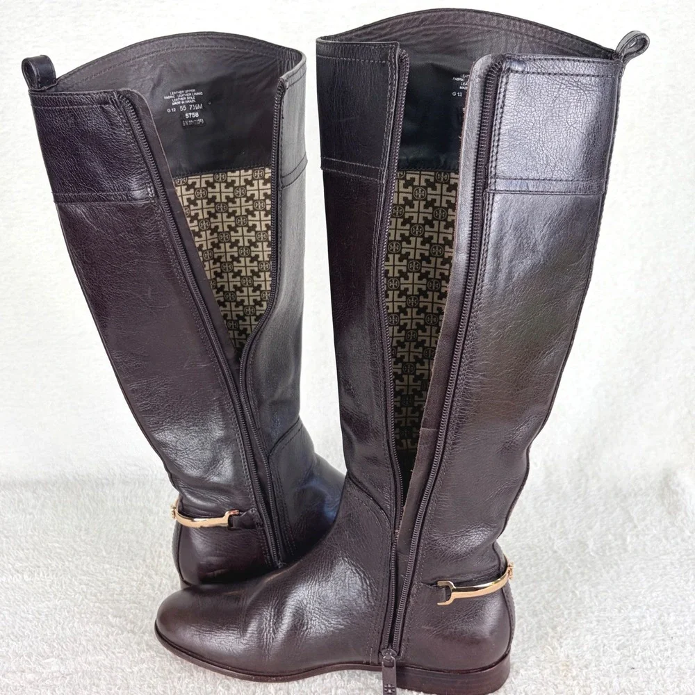 Tory Burch Jess Dark Brown Leather Knee High Riding Boots Gold‎ Horsebit 7.5M